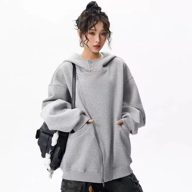 洋气先生 美式复古高街开衫连帽拼接倾斜拉链设计宽松情侣外套通勤休闲皆可简约纯色基础款百搭潮牌透气舒适柔软慵懒氛围感卫衣 男女同款