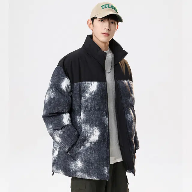 洋气先生 洋气潮牌美式潮流撞色拼接高颜值扎染渐变设计纯色痞帅防风无性别主义保暖抗寒舒适柔软宽松户外通勤百搭拉链外套棉服 男女同款