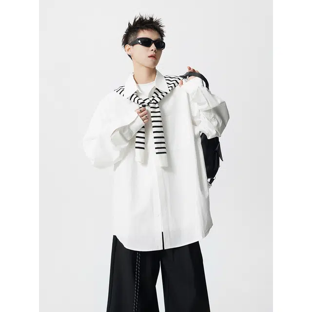 洋气先生 美式纯色简约时尚潮流气质百搭可拆卸条纹披肩小众高级感文艺风日常休闲宽松舒适慵懒氛围感开衫单排扣翻领外套衬衫 男女同款