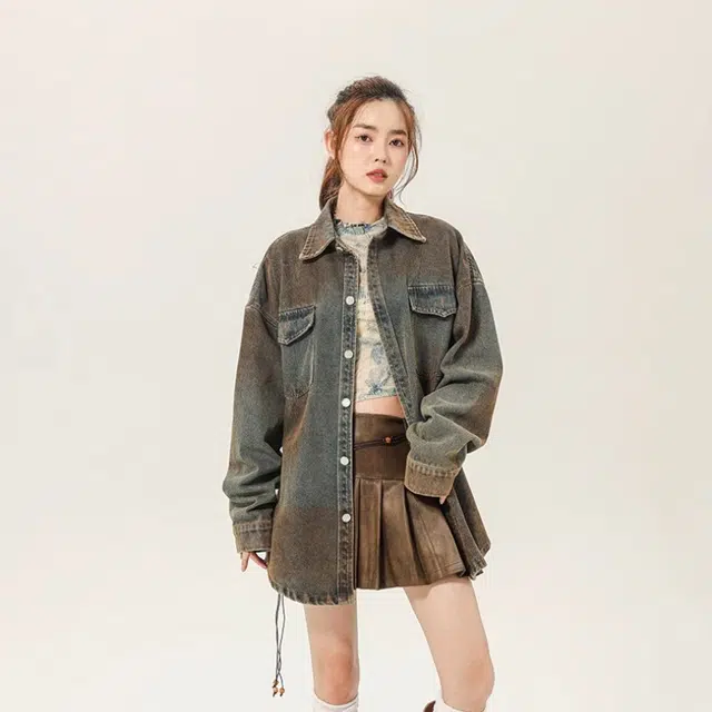 洋气先生 美式复古高街简约纯色潮牌慵懒风重磅落肩款休闲长袖潮流居家宽松舒适亲肤户外运动时尚百搭水洗做旧脏脏衣牛仔外套 男女同款