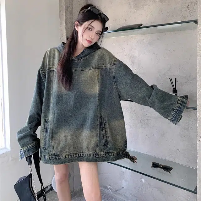 洋气先生 美式复古高街简约纯色潮牌慵懒风重磅休闲长袖潮流居家宽松舒适亲肤户外运动时尚百搭水洗做旧连帽牛仔外套 男女同款