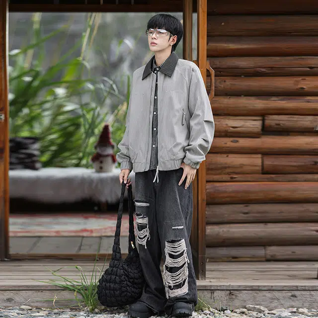 洋气先生 美式高街复古轻奢纯色机能风休闲宽松舒适痞帅上衣潮牌飞行员潮流翻领拼色设计通勤百搭长袖条纹纹理底特律外套夹克 男女同款