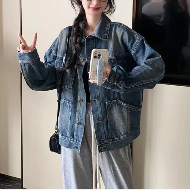 洋气先生 美式复古高街简约纯色潮牌慵懒风重磅落肩款休闲长袖潮流居家宽松舒适亲肤户外运动时尚百搭水洗做旧多口袋上衣牛仔外套 男女同款