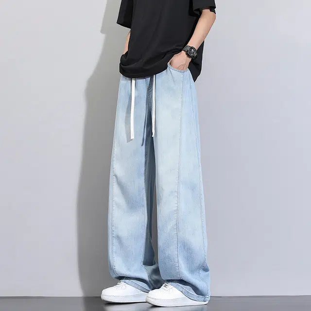 洋气先生 美式休闲潮流裁接线贯穿设计感显高显瘦显腿长系带抽绳宽松弹力柔软亲肤百搭废土风高级感日常出行垂感牛仔裤 男女同款
