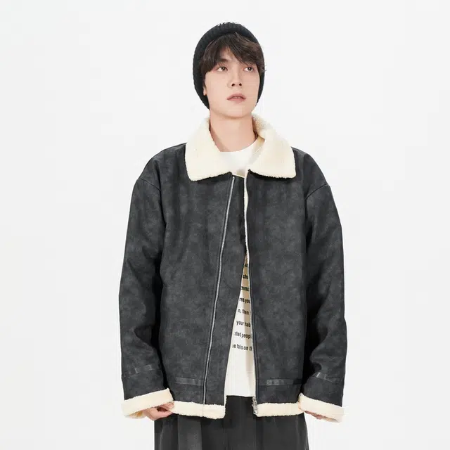 洋气先生 秋冬季美式复古拼色设计翻领纯色加绒长袖休闲舒适保暖防风日常户外通勤徒步无性别主义简约百搭皮衣外套夹克 男女同款