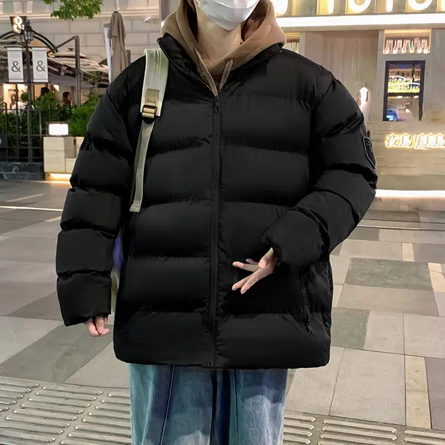 洋气先生 美式高街复古简约纯色基础款无性别主义加厚加绒保暖宽松潮流棉衣日常通勤百搭潮牌休闲防风立领臂章长袖棉服 男女同款