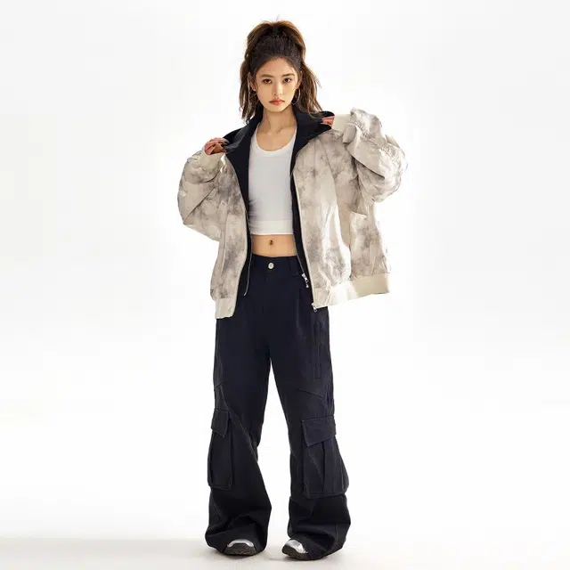 洋气先生 美式复古简约时尚扎染小众高级感潮流帅气日常基础休闲宽松百搭防风保暖城市机能风假两件连帽外套卫衣夹克 男女同款