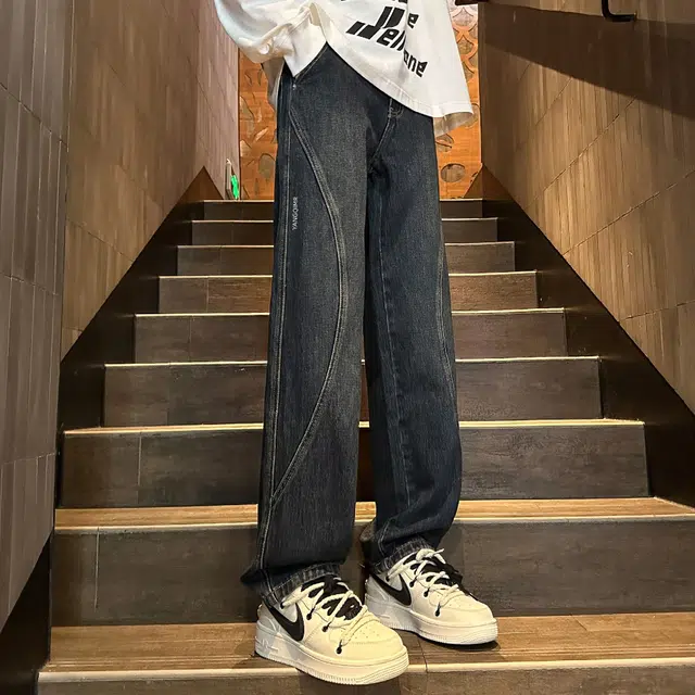 洋气先生 美式复古潮牌高街无性别主义拼接解构设计宽松直筒高级感百搭休闲舒适水洗做旧废土风秋季长款日常穿搭牛仔裤 男女同款