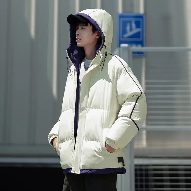 洋气先生 洋气潮牌美式高街简约轻奢条纹设计纯色痞帅防风无性别主义保暖抗寒舒适柔软宽松面包连帽户外通勤拉链长袖外套棉服 男女同款