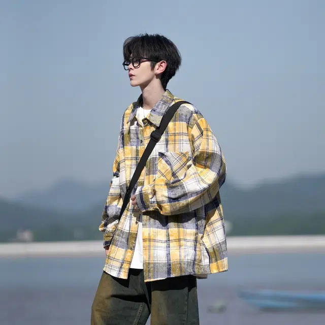 洋气先生 美式复古简约高级感时尚潮流气质百搭条纹花格扎染渐变文艺风日常休闲宽松舒适慵懒氛围感开衫单排扣翻领长袖外套衬衫 男女同款