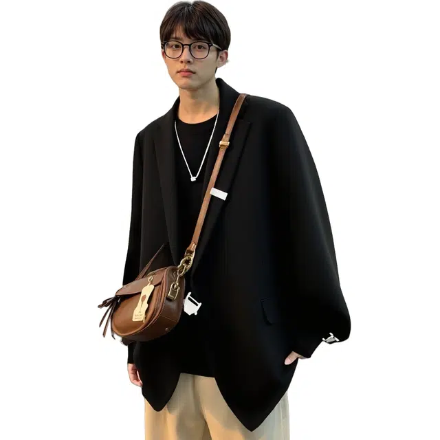 洋气先生 美式复古简约纯色时尚百搭小众高级感金属搭扣潮流帅气日常基础款宽松落肩长袖单排扣轻奢无性别主义黑色西装 男女同款