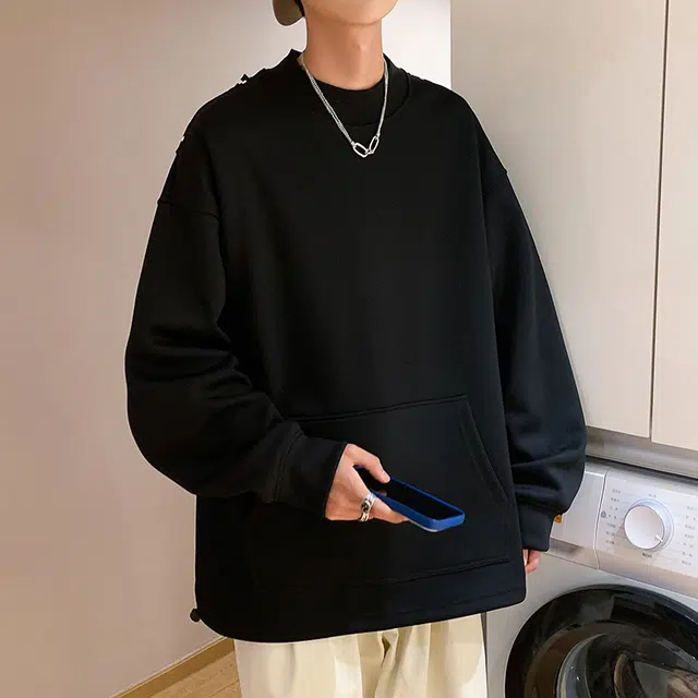 洋气先生 美式复古高街时尚潮流百搭学院风假两件日常通勤休闲简约纯色基础款潮牌透气舒适柔软慵懒氛围感圆领套头卫衣 男女同款