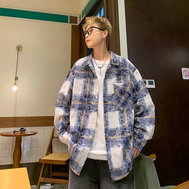 洋气先生 美式复古高街简约时尚扎染格纹破洞毛边潮流气质百搭小众高级感日常休闲宽松舒适慵懒氛围感开衫单排扣外套衬衫 男女同款