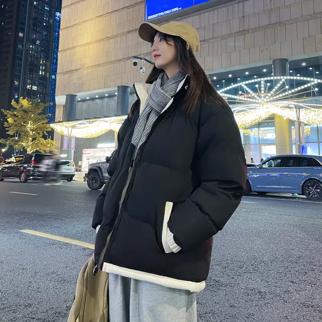 洋气先生 美式复古高街学院风简约条纹拼色两面穿宽松潮流加厚加绒保暖棉衣百搭潮牌休闲防风立领落肩长袖基础款面包棉服 男女同款