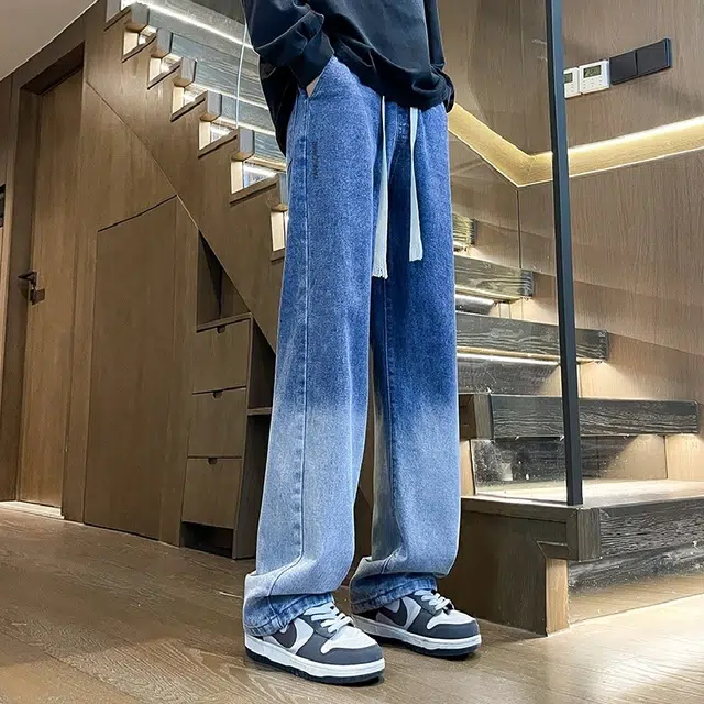 洋气先生 美式高街复古宽松直筒休闲个性裤子百搭水洗做旧渐变色潮流港风潮牌基础松紧腰抽绳系带适中阔腿牛仔裤 男女同款