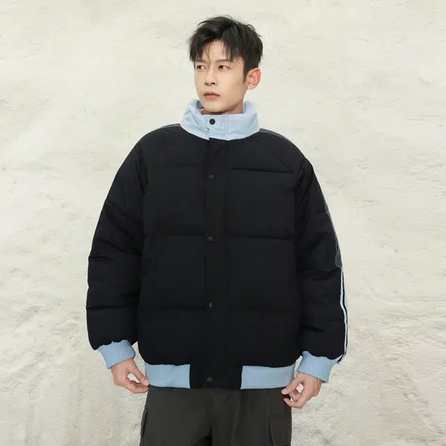 洋气先生 美式高街复古简约纯色基础款拼接肩袖条纹无性别主义加厚保暖宽松柔软潮流棉衣日常通勤百搭潮牌休闲长袖立领棉服 男女同款