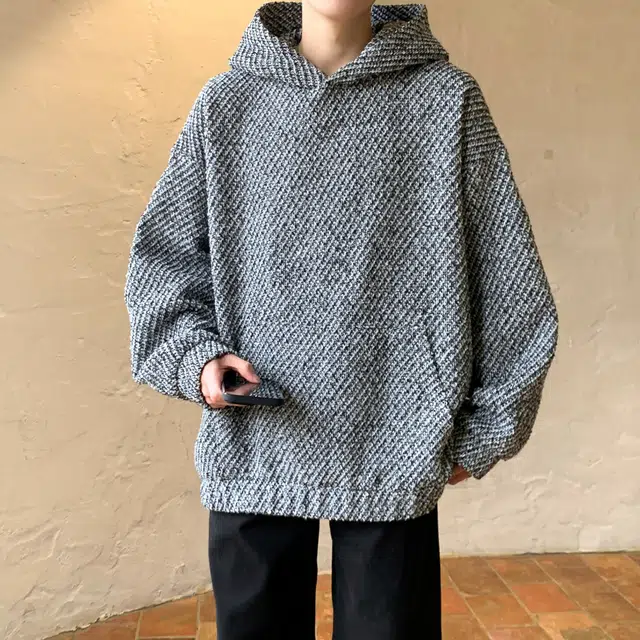 洋气先生 美式复古高街潮牌粗花斜纹设计感宽松百搭休闲小香风纹理感编织长袖套头痞帅日常户外运动连帽上衣春秋季卫衣 男女同款
