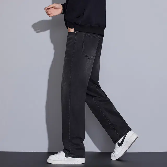 邦固依品 复古做旧秋冬季黑色弹力宽松舒适百搭直筒休闲阔腿牛仔裤 男款