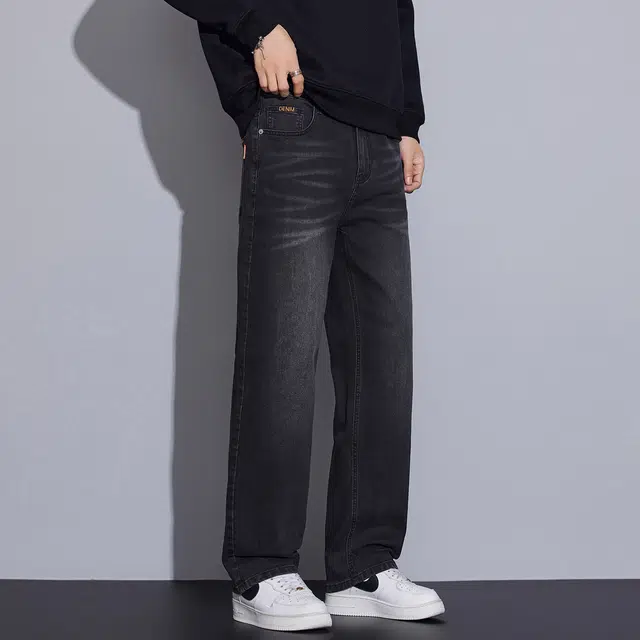 邦固依品 复古做旧秋冬季黑色弹力宽松舒适百搭直筒休闲阔腿牛仔裤 男款
