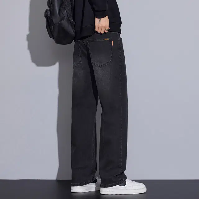 邦固依品 复古做旧秋冬季黑色弹力宽松舒适百搭直筒休闲阔腿牛仔裤 男款