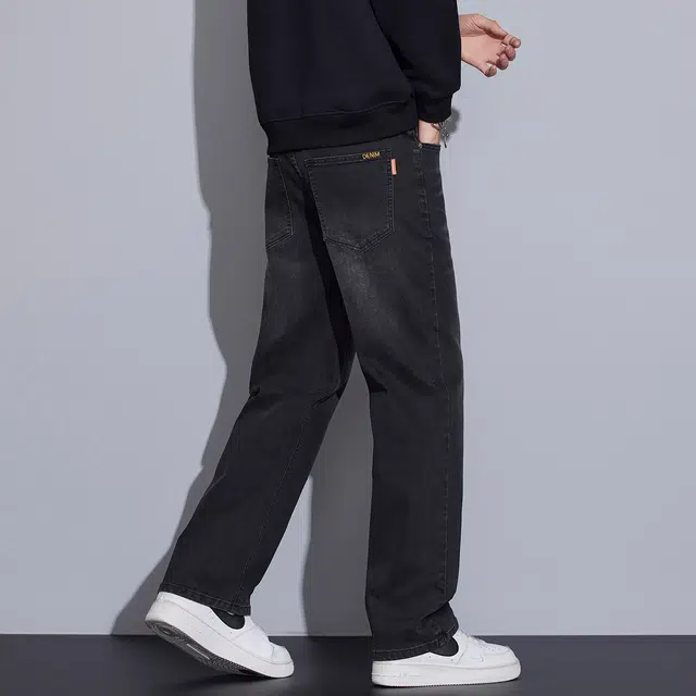 邦固依品 复古做旧秋冬季黑色弹力宽松舒适百搭直筒休闲阔腿牛仔裤 男款