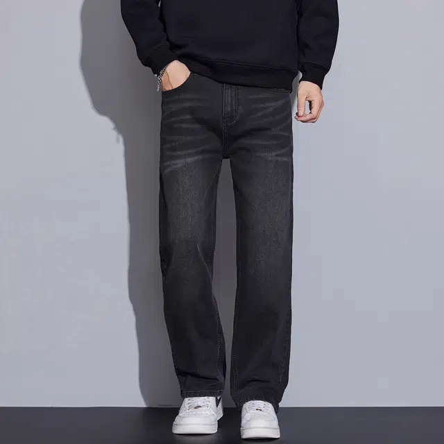 邦固依品 复古做旧秋冬季黑色弹力宽松舒适百搭直筒休闲阔腿牛仔裤 男款