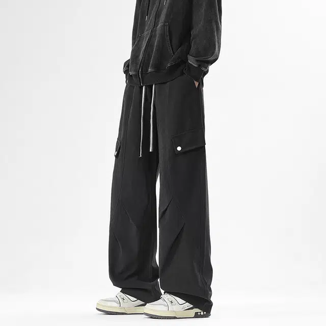邦固依品 美式复古宽松直筒工装抽绳系带褶皱阔腿百搭拖地休闲裤 男女同款