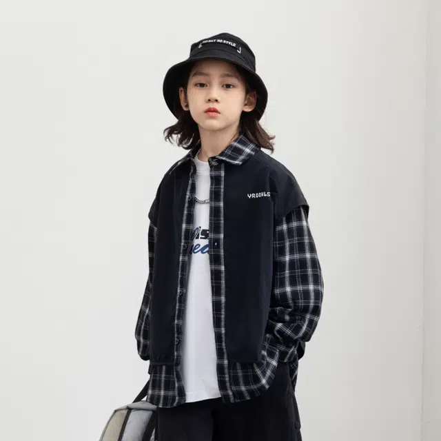 俞兆林休闲衬衫 韩式嘻哈潮童青少年英伦格子假两件拼色背心高街潮流时尚百搭外套夹克