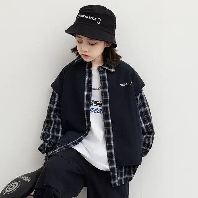 俞兆林休闲衬衫 韩式嘻哈潮童青少年英伦格子假两件拼色背心高街潮流时尚百搭外套夹克