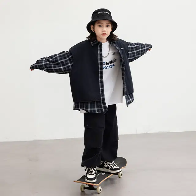俞兆林休闲衬衫 韩式嘻哈潮童青少年英伦格子假两件拼色背心高街潮流时尚百搭外套夹克