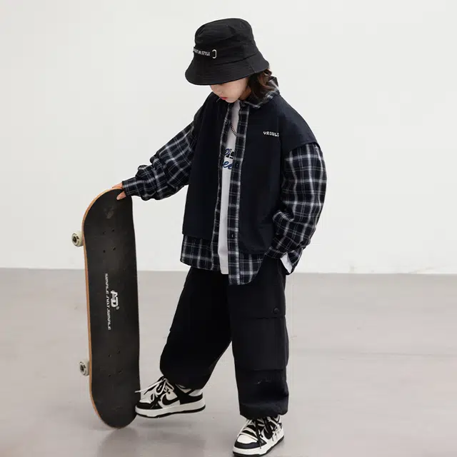 俞兆林休闲衬衫 韩式嘻哈潮童青少年英伦格子假两件拼色背心高街潮流时尚百搭外套夹克