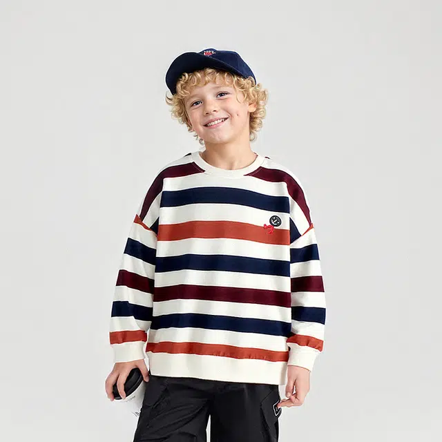 俞兆林日系学院纯棉炫彩宽条纹学生校园运动吸汗透气休闲舒适落肩袖圆领套头长袖  卫衣