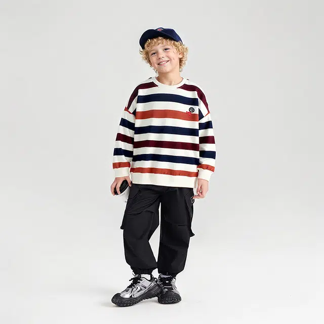 俞兆林日系学院纯棉炫彩宽条纹学生校园运动吸汗透气休闲舒适落肩袖圆领套头长袖  卫衣