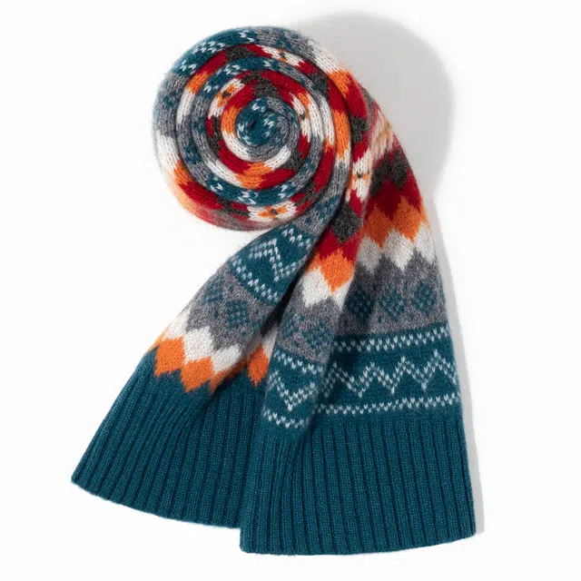 一米画纱 色彩斑斓针织工艺北欧风高级气质撞色条纹提花时尚外搭保暖护颈 绵羊毛 绒线围巾 男女同款情侣款