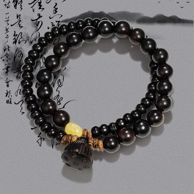 晶城购 禅意椰壳莲蓬佛珠念珠串 国风文玩手捻盘玩双圈黑色木质 复古佩戴转运 黑檀 手串 男女同款情侣款