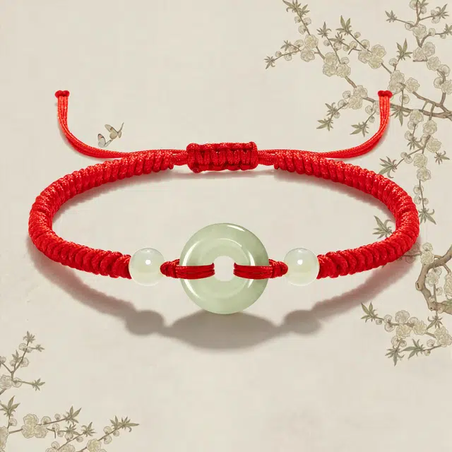 晶城购 【高品】平安扣手工编织绳 本命年转运纳福红绳 抽绳可调节大小 新中式国风黑绳 和田玉 手链 男女同款情侣款 青白玉