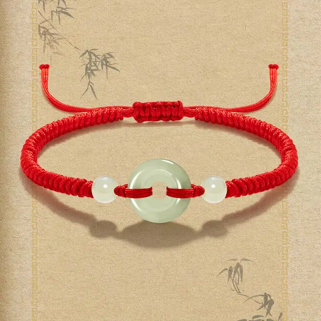 晶城购 【高品】平安扣手工编织绳 本命年转运纳福红绳 抽绳可调节大小 新中式国风黑绳 和田玉 手链 男女同款情侣款 青白玉