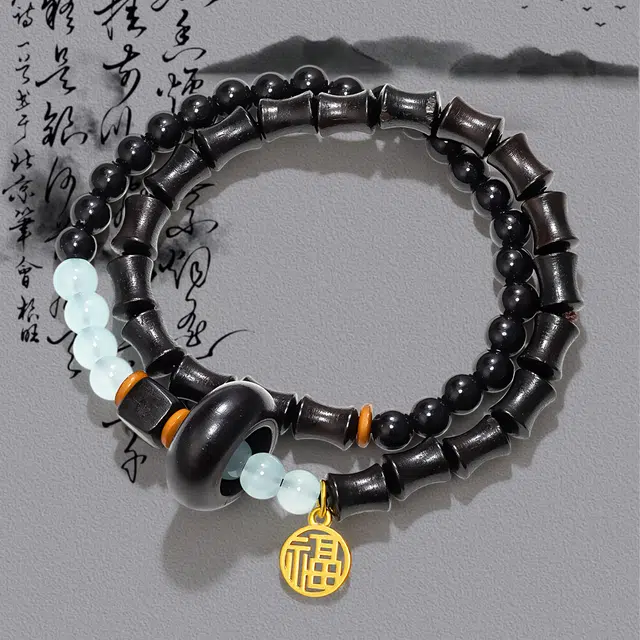 晶城购 国风复古黑色竹节檀木手持 学业事业节节高跑环檀香佛珠双圈佩戴好运 黑檀 手串 通用