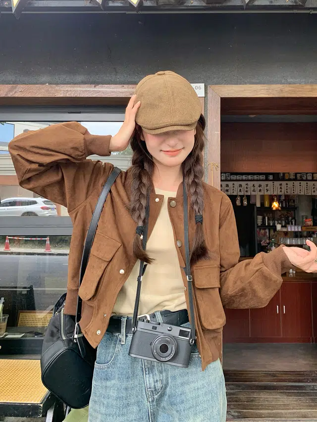 邦固依品 慵懒风外套女春秋款休闲百搭麂皮绒短款棒球服上衣秋季夹克 女款