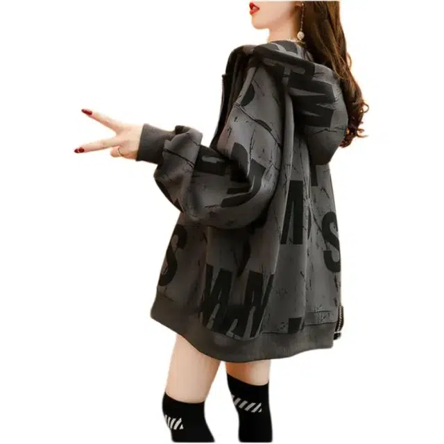 邦固依品 春秋薄款连帽大码宽松休闲百搭拉链开衫外套时尚舒适上衣卫衣 女款