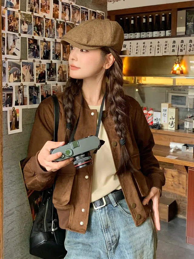 邦固依品 慵懒风外套女春秋款休闲百搭麂皮绒短款棒球服上衣秋季夹克 女款