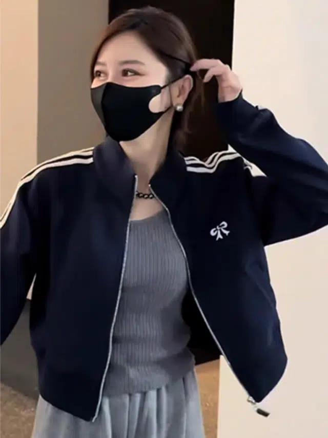 邦固依品 高级感三条杠立领外套女春秋宽松小个子休闲短款拉链开衫上衣卫衣 女款