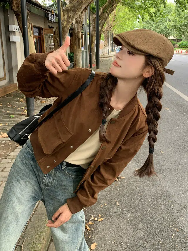 邦固依品 慵懒风外套女春秋款休闲百搭麂皮绒短款棒球服上衣秋季夹克 女款