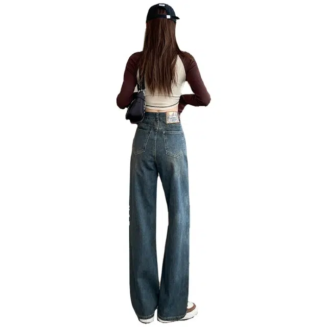 邦固依品 阔腿女秋装窄版高腰宽松垂感撞色皮牌简约拖地裤牛仔裤 女款