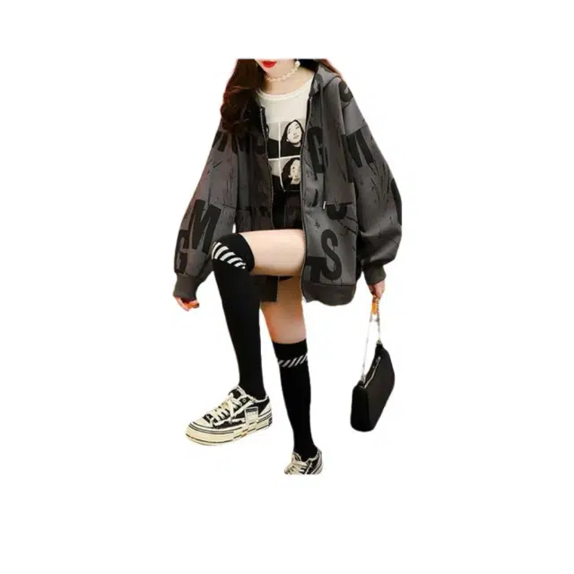 邦固依品 春秋薄款连帽大码宽松休闲百搭拉链开衫外套时尚舒适上衣卫衣 女款