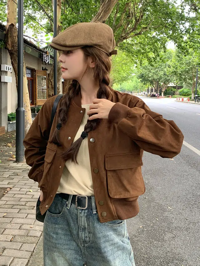 邦固依品 慵懒风外套女春秋款休闲百搭麂皮绒短款棒球服上衣秋季夹克 女款