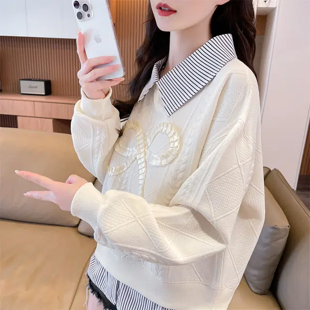 邦固依品 薄款女春秋季款宽松大码女装设计感小众假两件拼接翻领上衣卫衣 女款