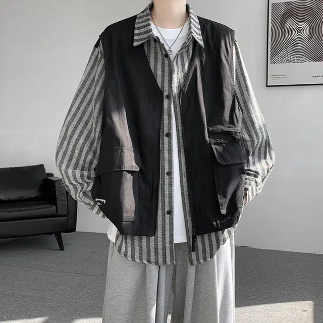 邦固依品 假两件马甲拼接男春秋季潮牌设计感工装外套男生酷帅穿搭一套衬衫套装 男款