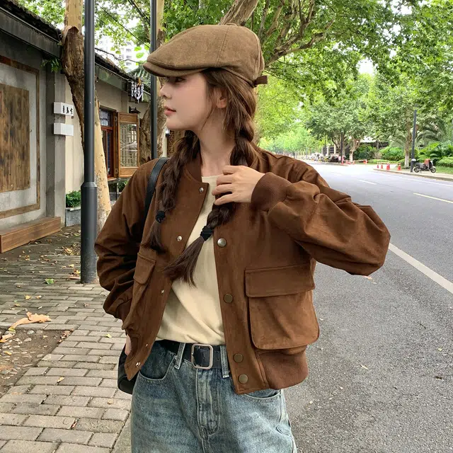 邦固依品 慵懒风外套女春秋款休闲百搭麂皮绒短款棒球服上衣秋季夹克 女款