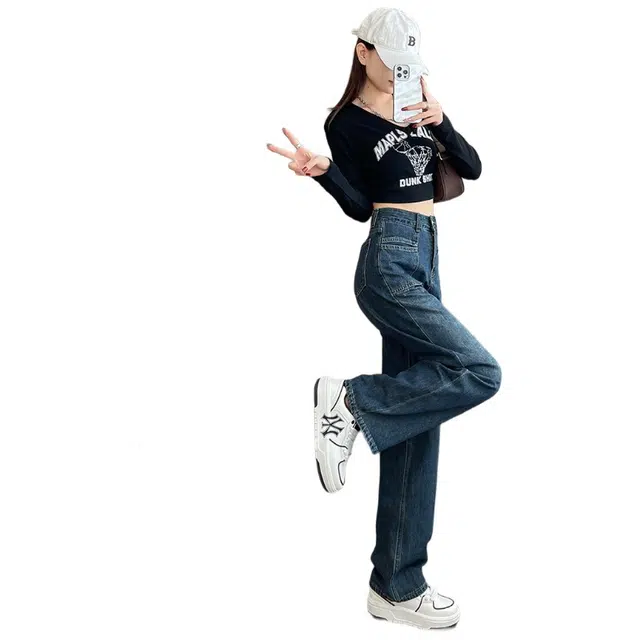 邦固依品 阔腿女秋装窄版高腰宽松垂感撞色皮牌简约拖地裤牛仔裤 女款